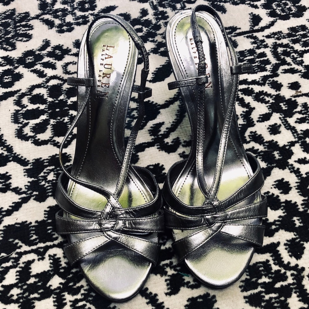 Ralph Lauren Silver Strappy Sandal Heels, Sz 8